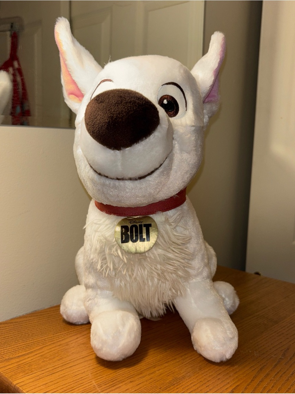 Disney Bolt Plush Dog Toy - White with Brown Nose and Red Collar